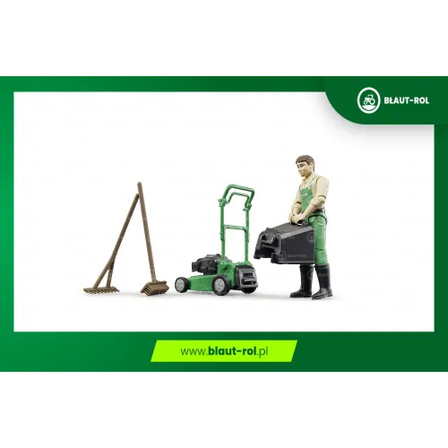 BRUDER figurka ogrodnika z kosiarką i grabiami
