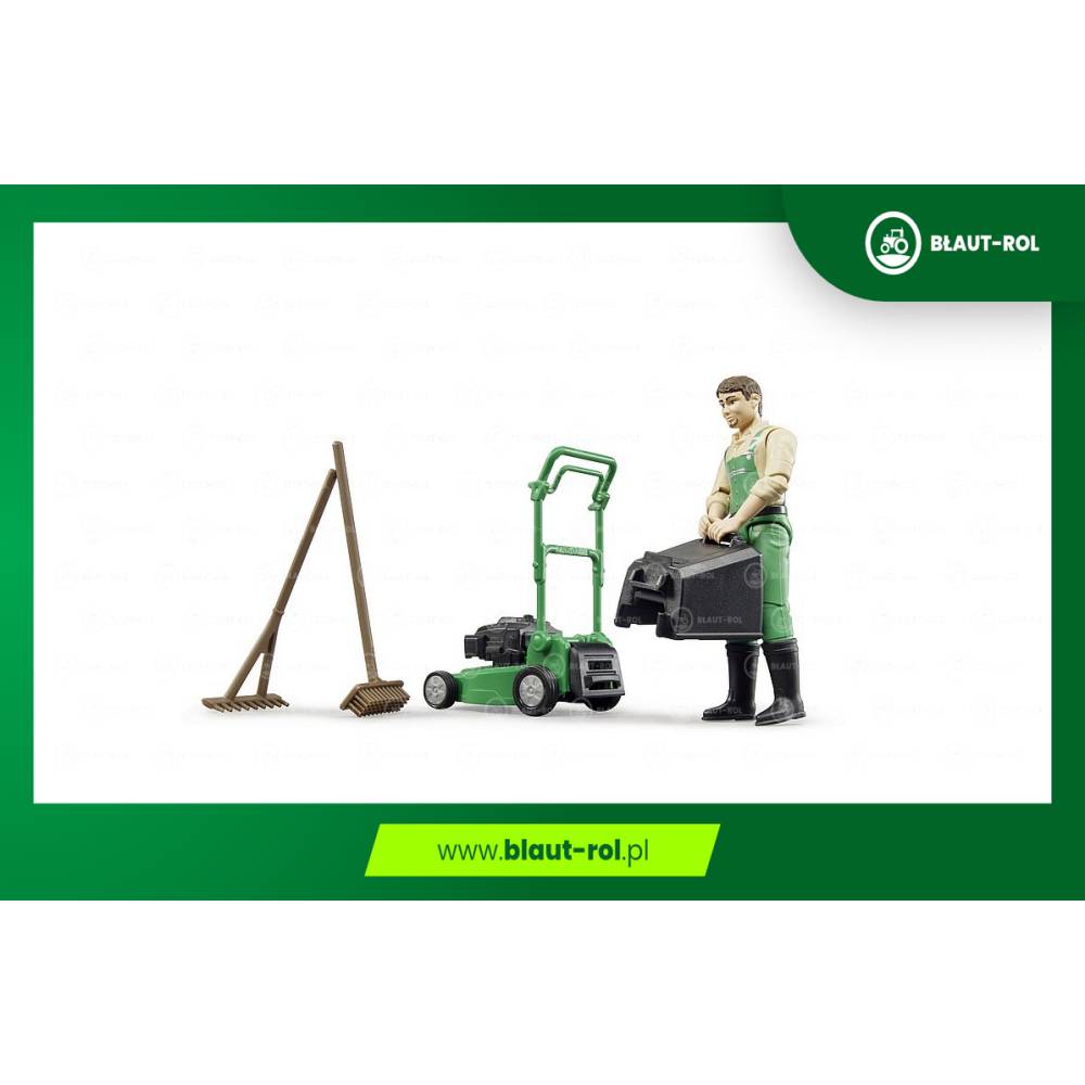 BRUDER figurka ogrodnika z kosiarką i grabiami