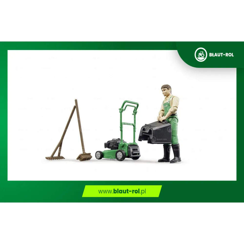 BRUDER figurka ogrodnika z kosiarką i grabiami