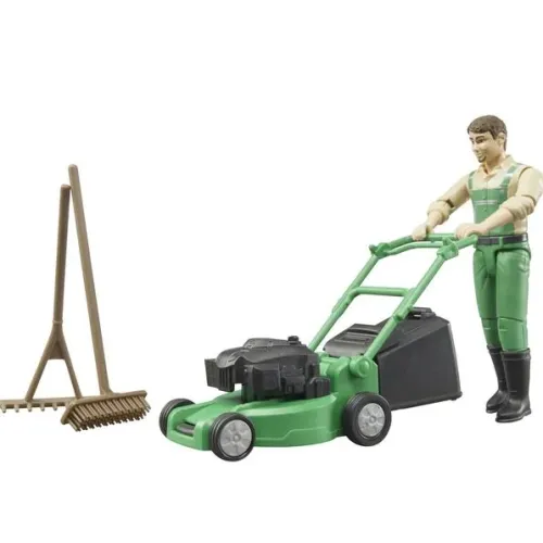 BRUDER figurka ogrodnika z kosiarką i grabiami