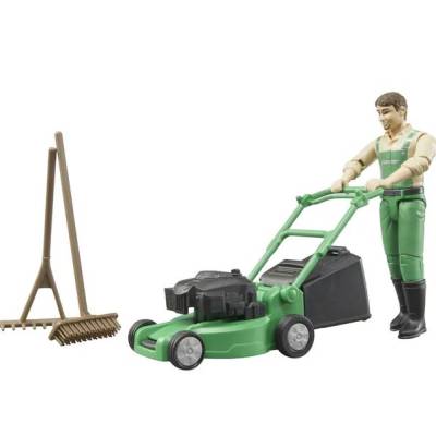 BRUDER figurka ogrodnika z kosiarką i grabiami