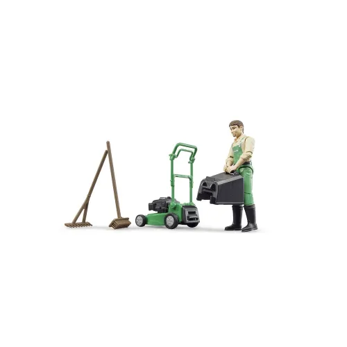 BRUDER figurka ogrodnika z kosiarką i grabiami
