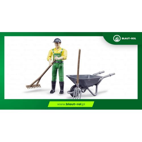 BRUDER figurka rolnika z taczką grabiami widłami